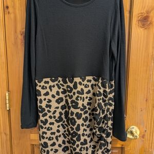 Leopard Print Black Midi Dress. Knit With Side Ruching.